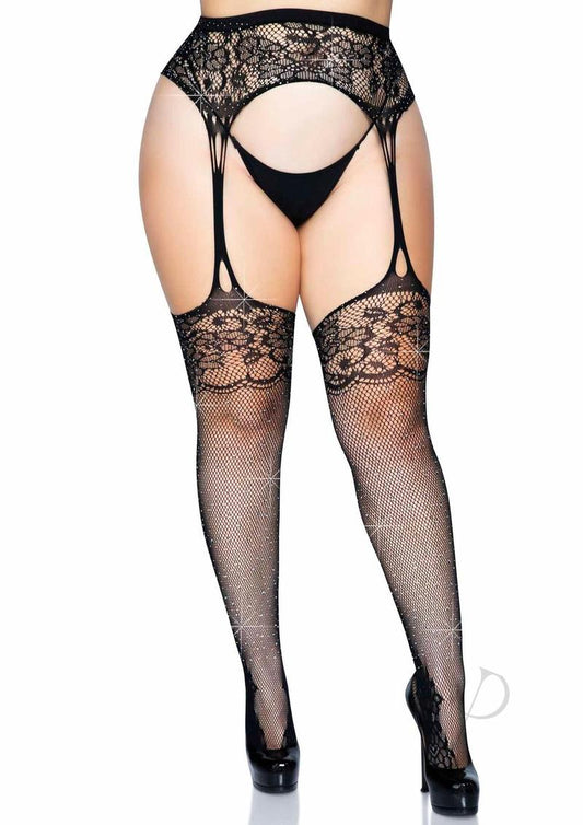 Rhinestone Stocking Garter 1X-2X Black
